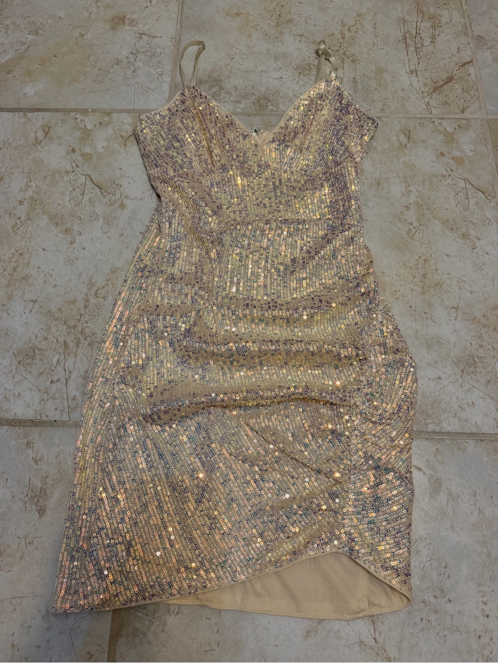 Papaya Champagne Iridescent Sequin Spaghetti Strap Mini Dress